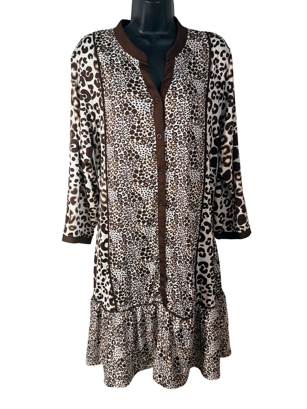 White Mark Brown and Cream Leopard Print Button-Front Dress